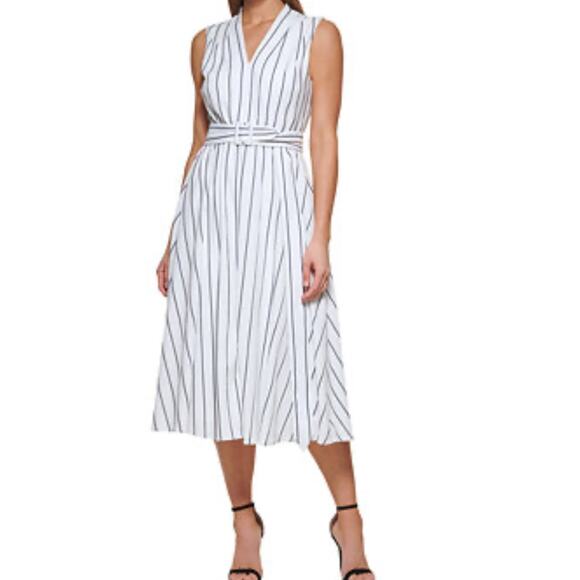 Dkny Dresses & Skirts - DKNY Women's Midi Dress White with Navy Stripe Size 14 V-Neck Belted Sleeveless